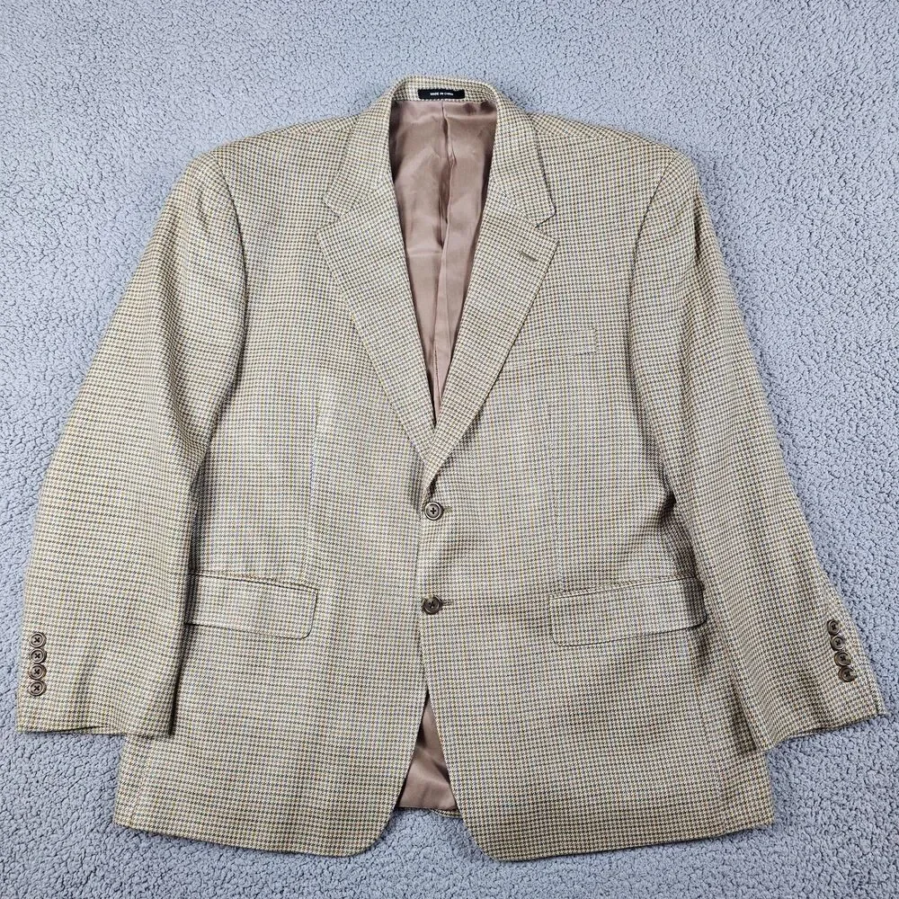 Chaps Sport Coat Blazer Mens 44S Beige Tan Beige Silk Houndstooth Two Button